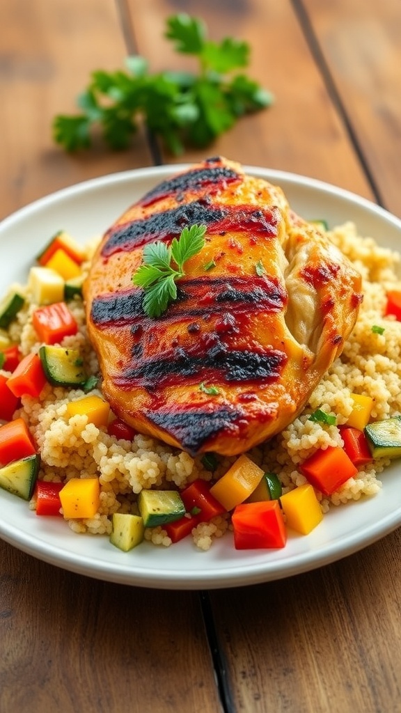 Oven baked chicken on quinoa with bell peppers and zucchini, garnished with parsley on a rustic table.